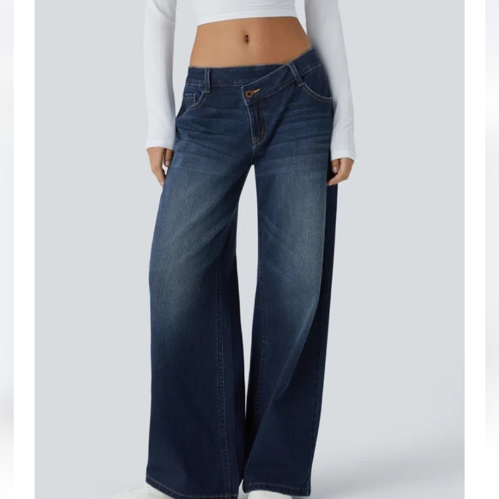 Halara Flex Womens Asymmetric Low Rise Zipper Baggy Wide Leg Washed Casual Jeans
